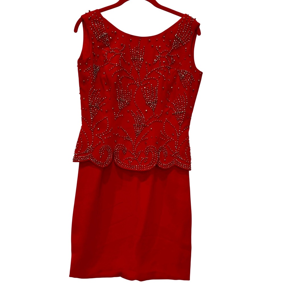 Stunning Red Beaded‎ Peplum Party Dress Sleeveless  Evening Women's Size 10